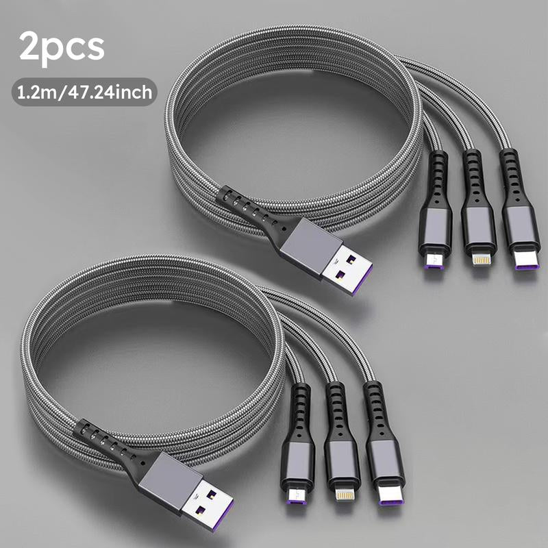 Jogrytece 2Pcs 1.2M/4Ft 66W Super Fast Charging USB Cable Mfi Certified 3 in 1 USB Charging Cable with Type-C, Micro USB, IP Port for Most Phones/Iphones/Tablets C Android Device Smartphone Cellphone Electronic Charger