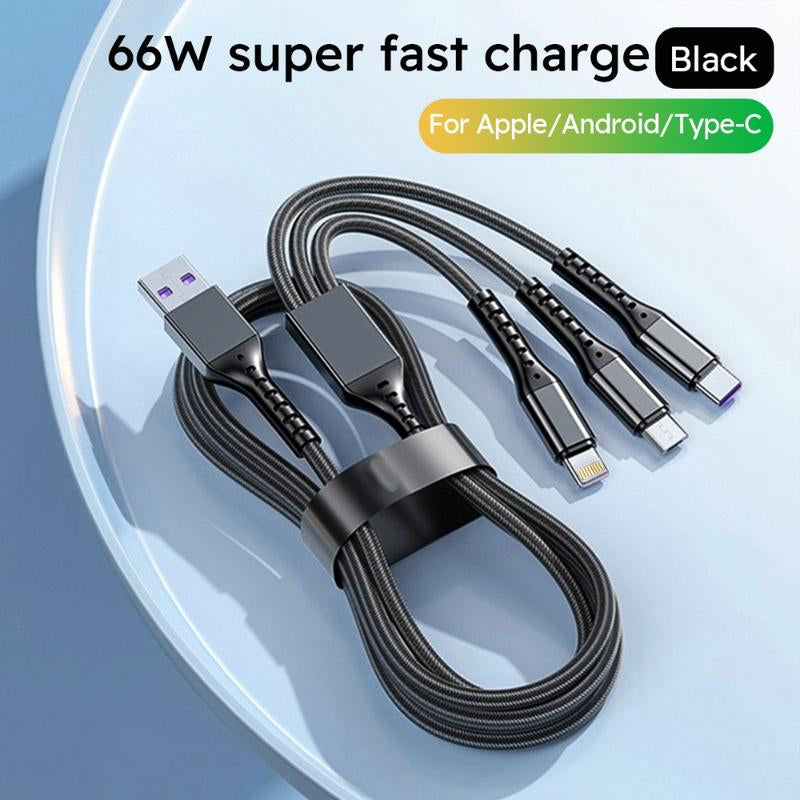 Jogrytece 2Pcs 1.2M/4Ft 66W Super Fast Charging USB Cable Mfi Certified 3 in 1 USB Charging Cable with Type-C, Micro USB, IP Port for Most Phones/Iphones/Tablets C Android Device Smartphone Cellphone Electronic Charger